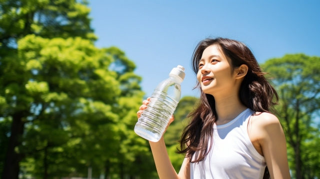 熱中症予防に水を飲む女性
